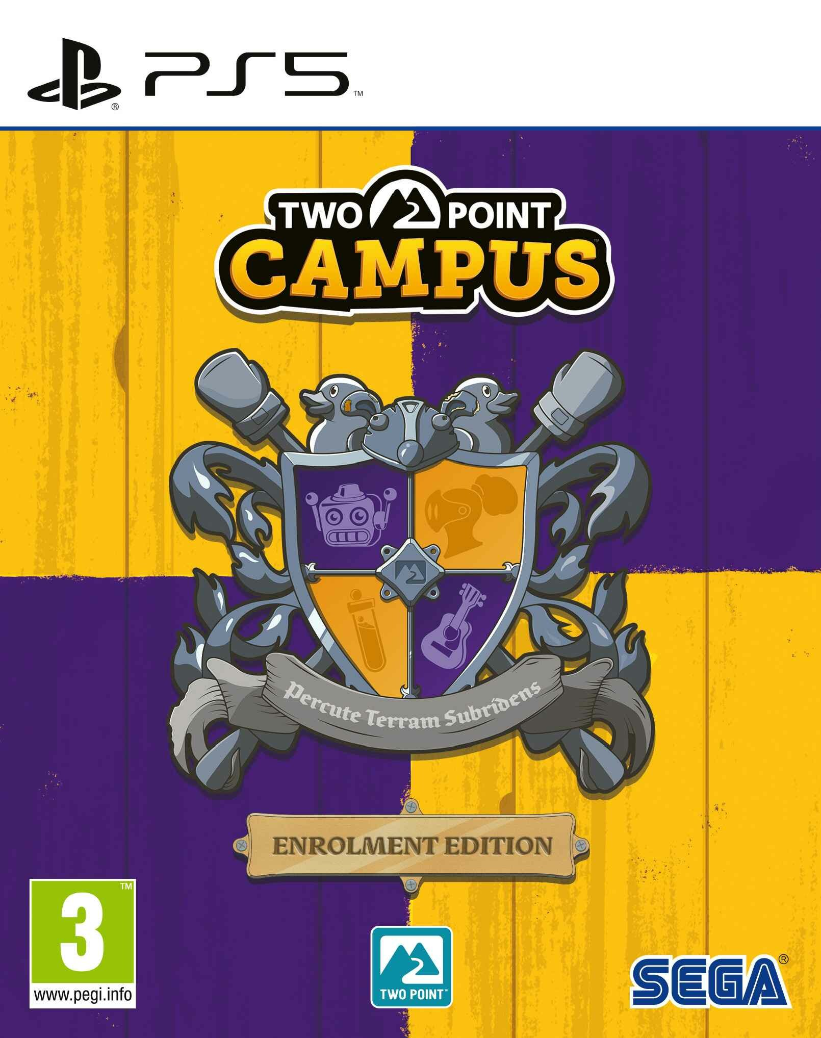 Okładka gry Two Point Campus, PS5. Logo gry jest wyświetlane na złotym i fioletowym tle.