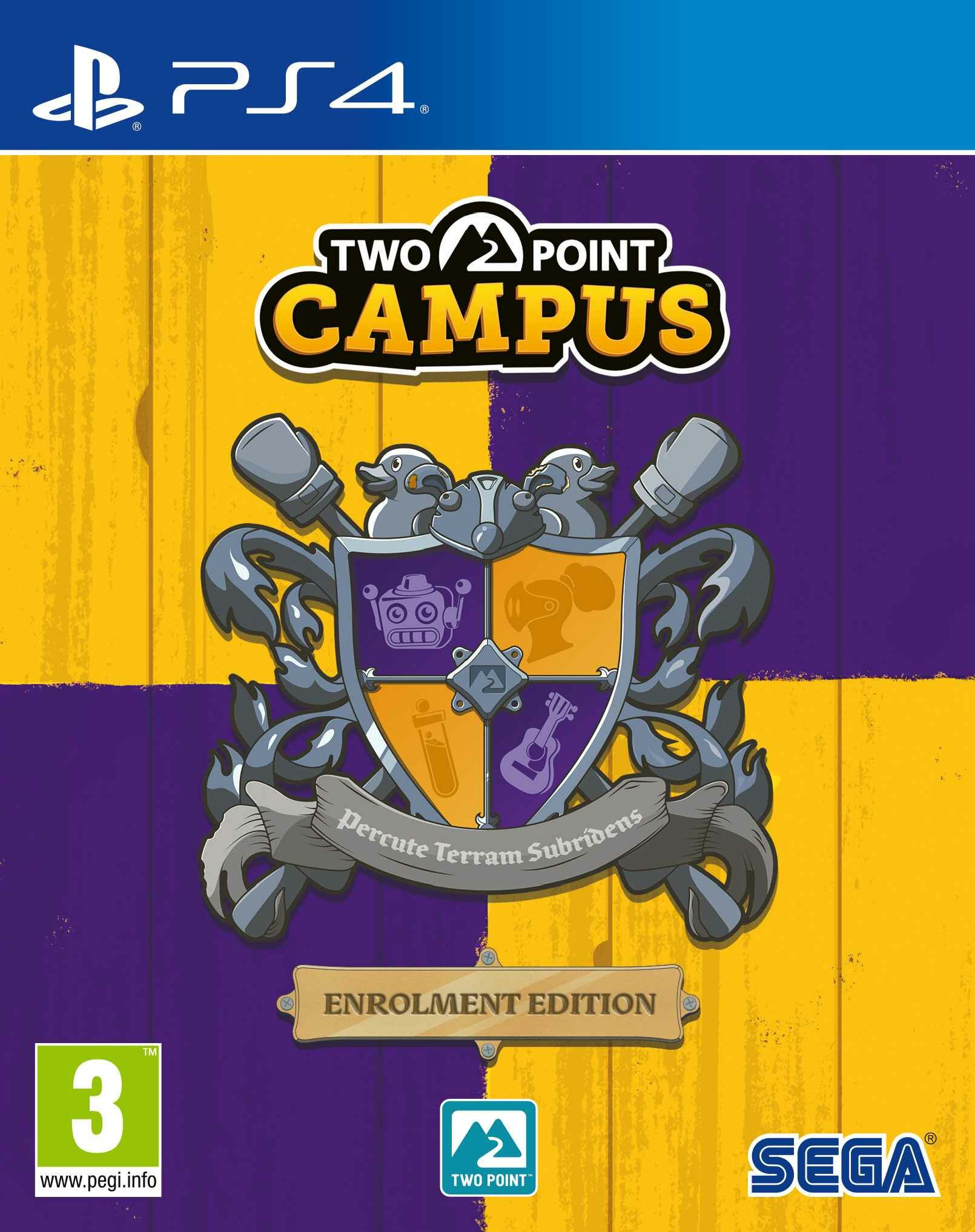 Pudełko gry Two Point Campus. Żółto-fioletowe tło ze szkolnym herbem i postaciami.