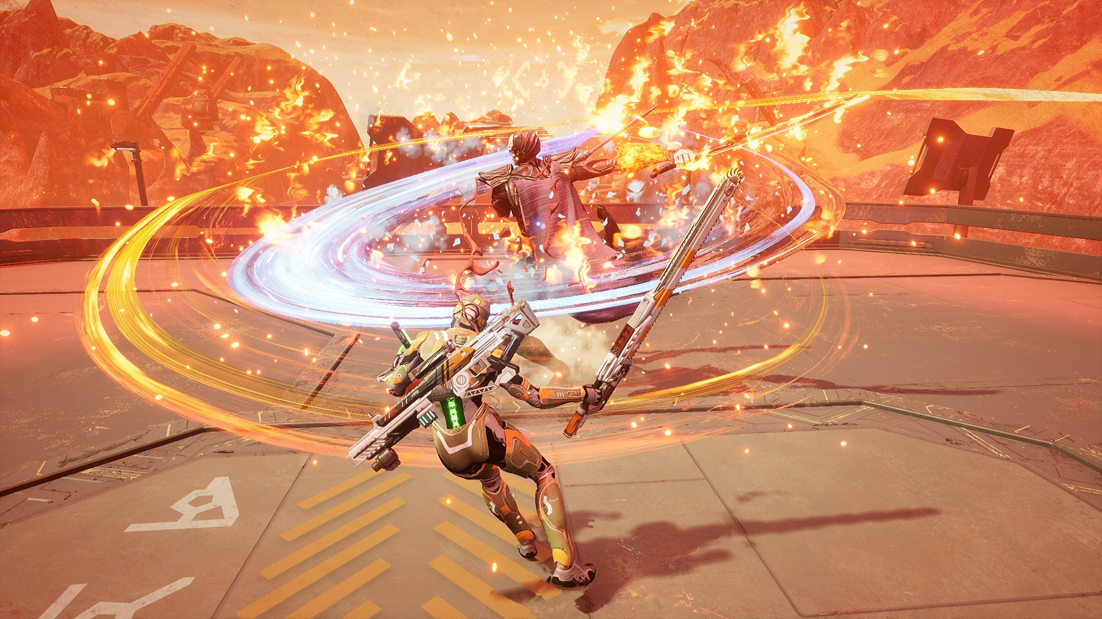 Futurystyczna scena z gry z dwiema postaciami walczącymi z bronią energetyczną. Pomarańczowe i niebieskie efekty świetlne.