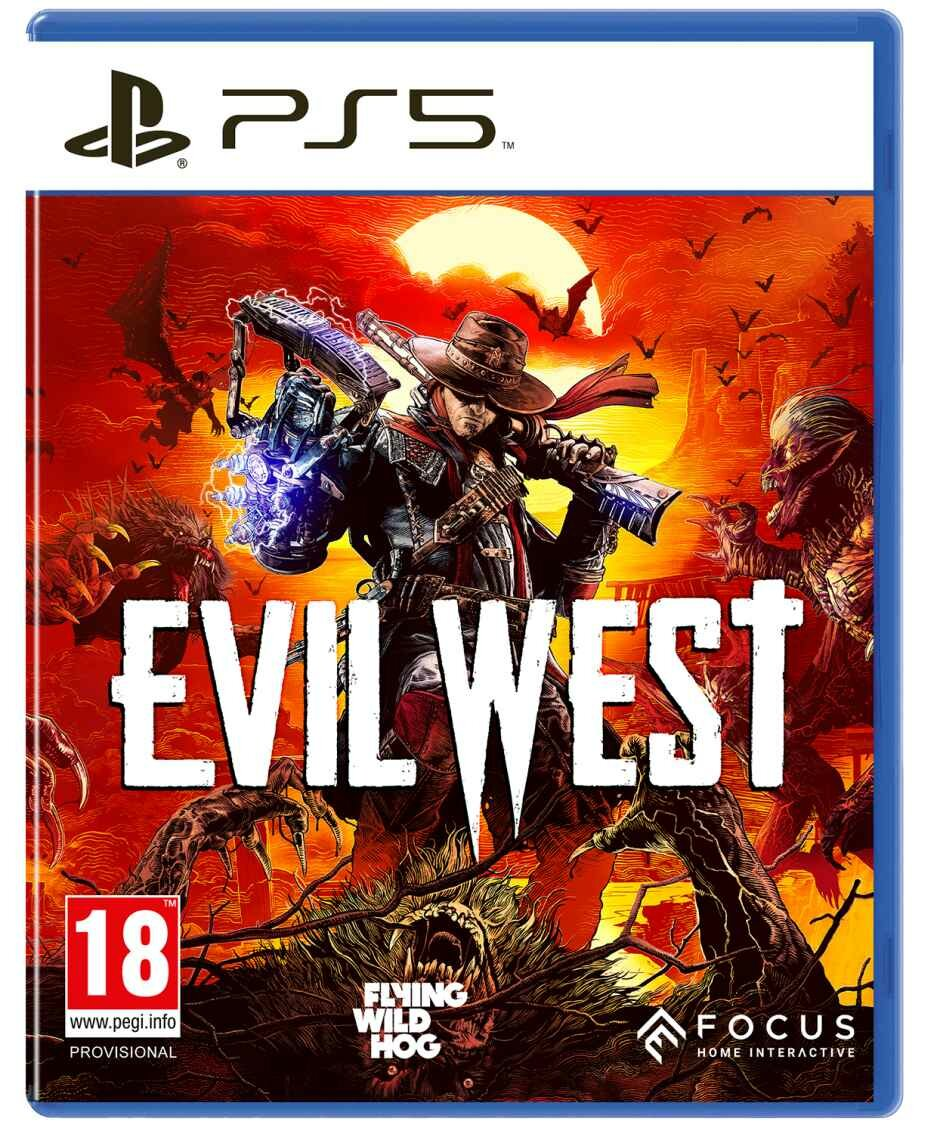 Okładka gry. Mężczyzna w kapeluszu, z bronią i potworami. Tekst: 'EVIL WEST' i logo 'PS5'.