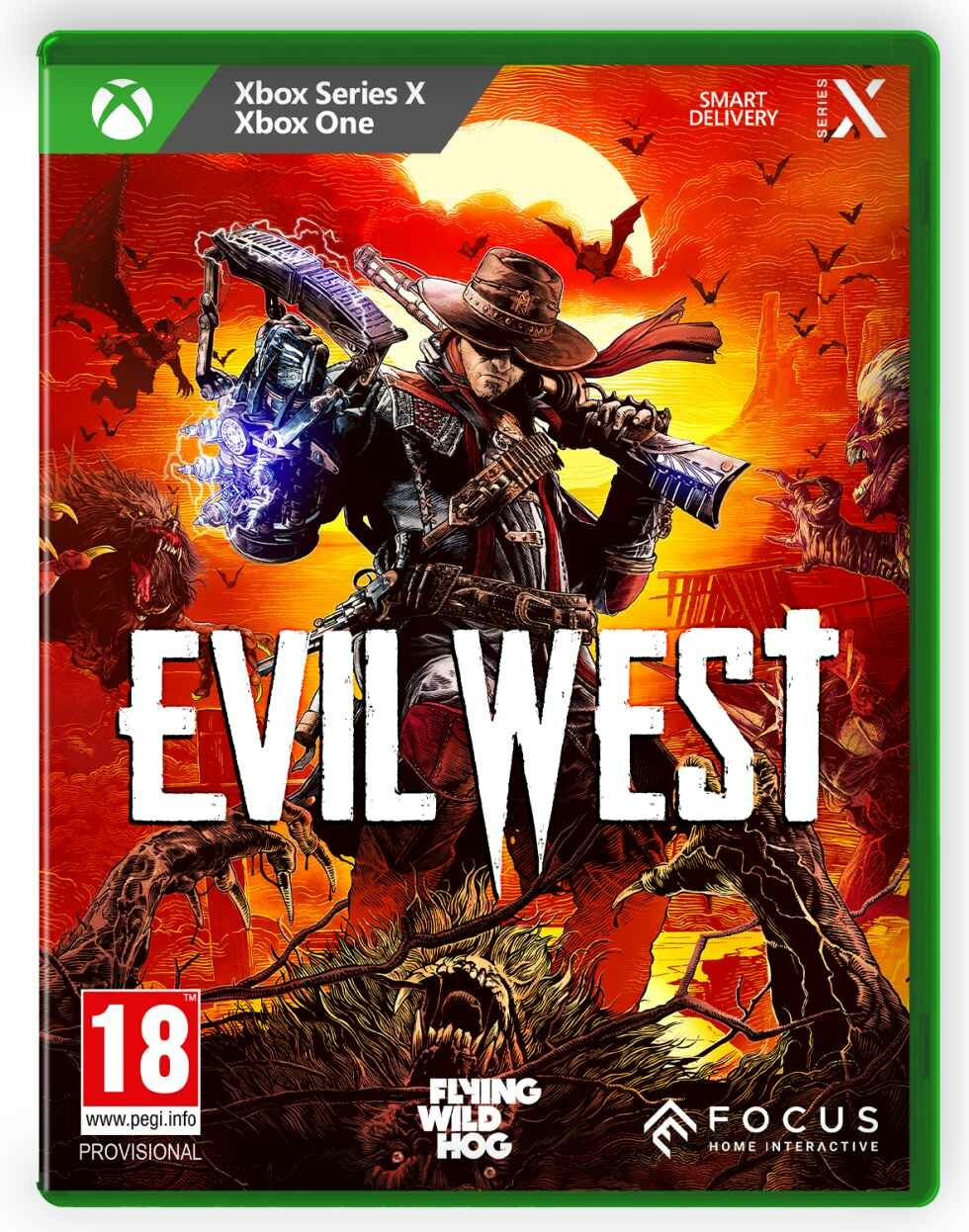 Grafika na okładce gry wideo z postacią kowboja trzymającą broń. Tytuł to 'Evil West'.