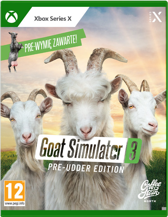 Okładka gry Goat Simulator 3. Trzy kozy o różnych wyrazach twarzy i koza na niebie.