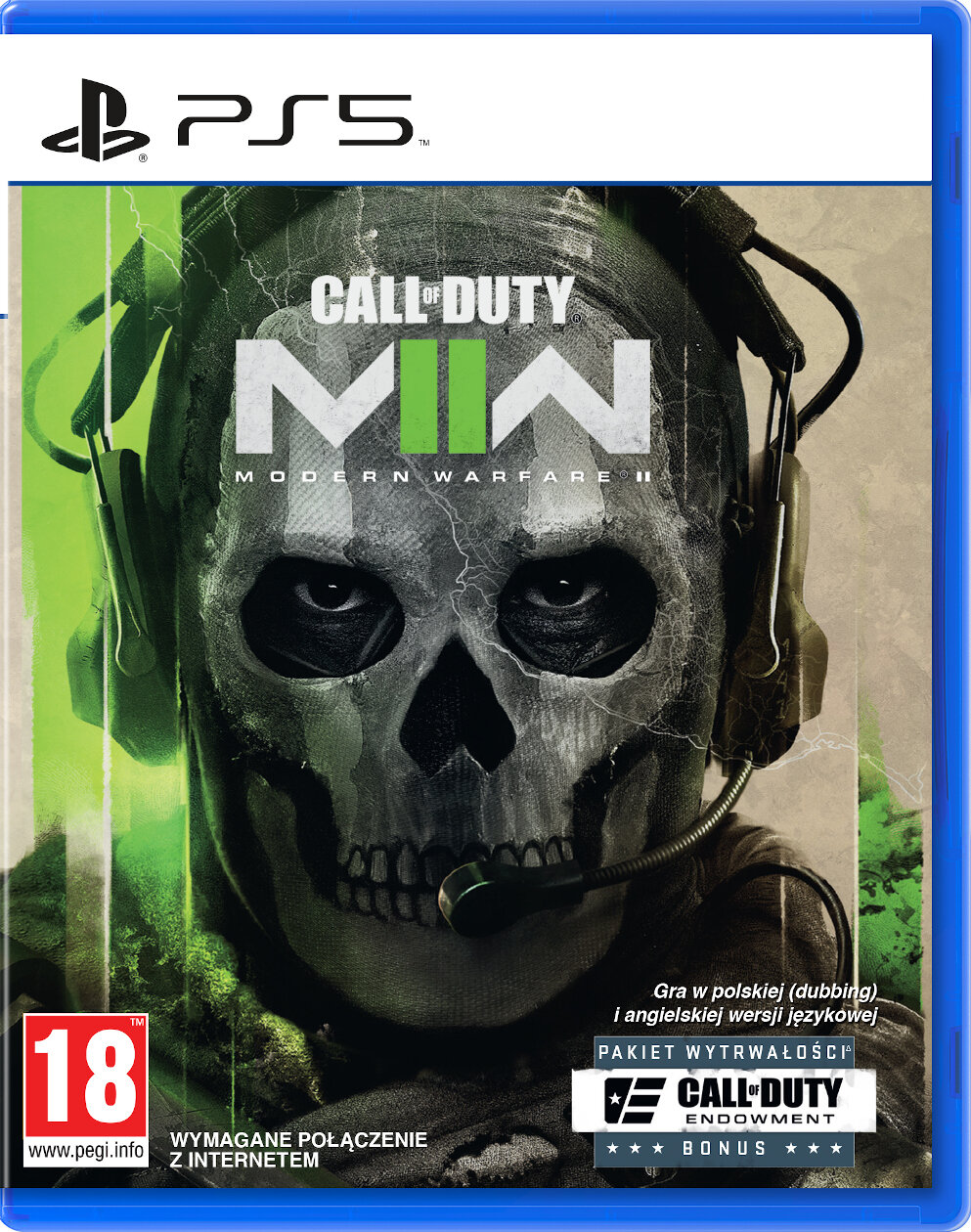 Okładka gry Call of Duty: Modern Warfare II. Maska czaszki ze słuchawkami, ciemne tło.
