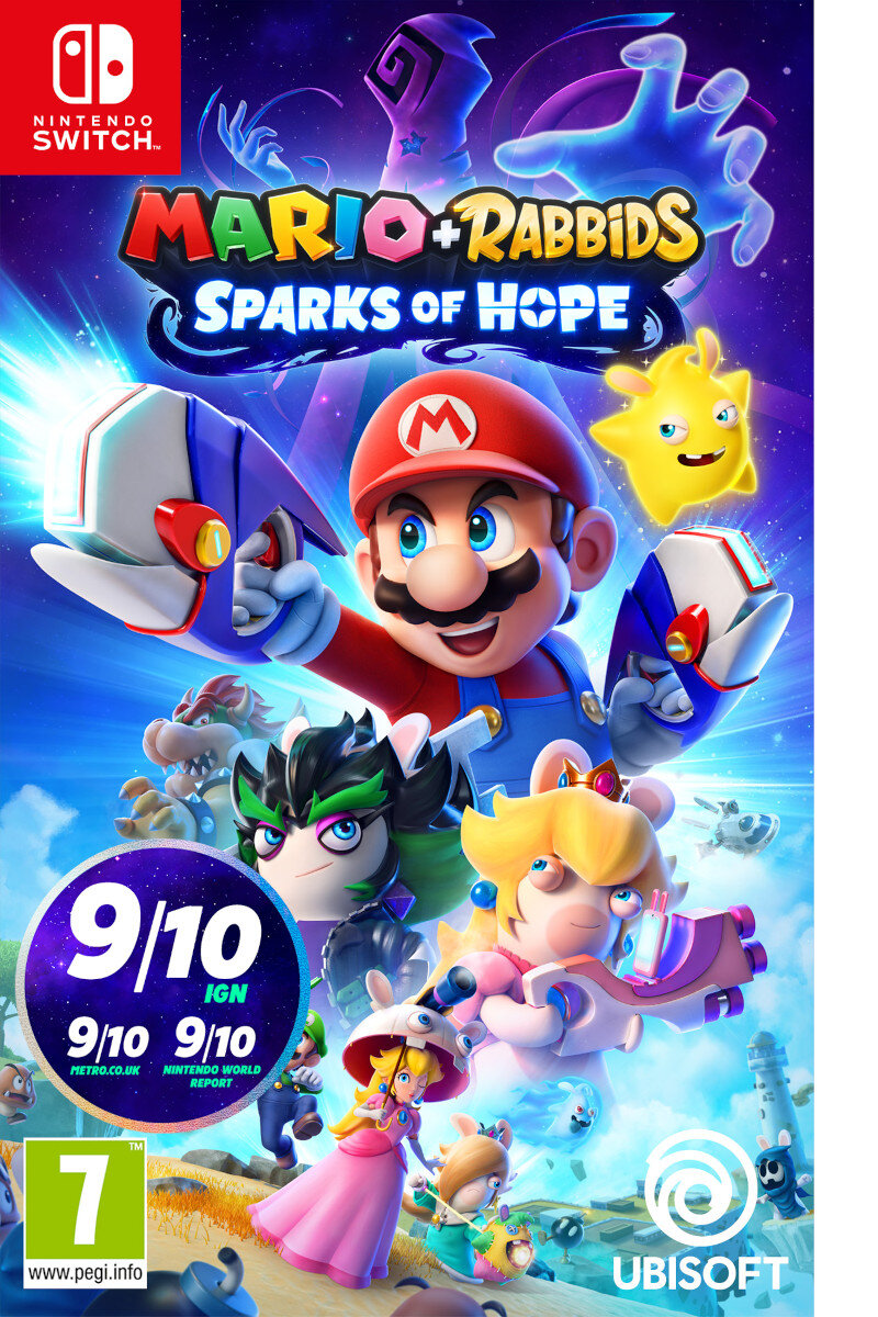 Okładka gry Mario + Rabbids Sparks of Hope. Mario i Rabbids z iskrami. Logo gry i ocena.