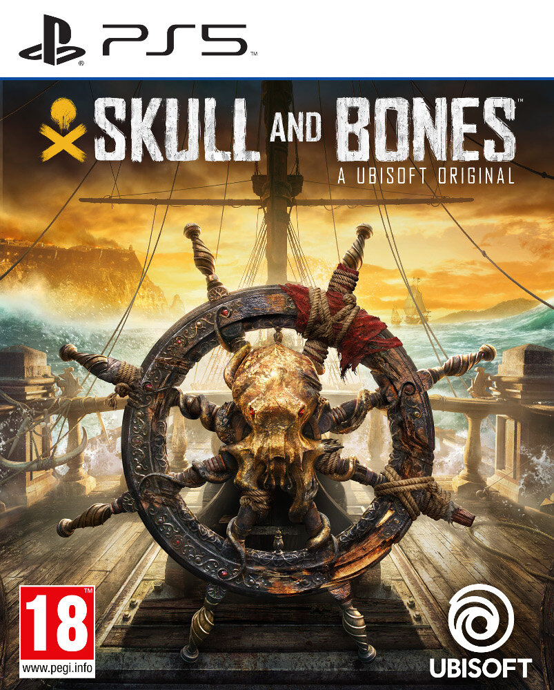 Okładka gry Skull and Bones. Czaszkowy hełm na kole sterowym. Ocean, tło zachodu słońca.