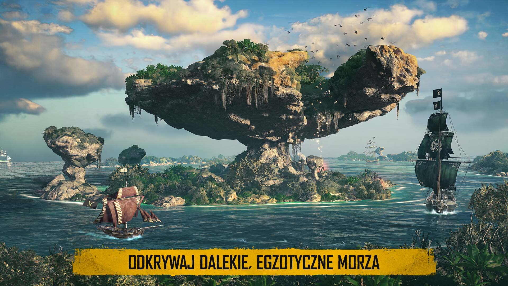 Scena z wyspy z gry. Statki żeglują po wodzie. Tekst: Odkrywaj odległe, egzotyczne morza.