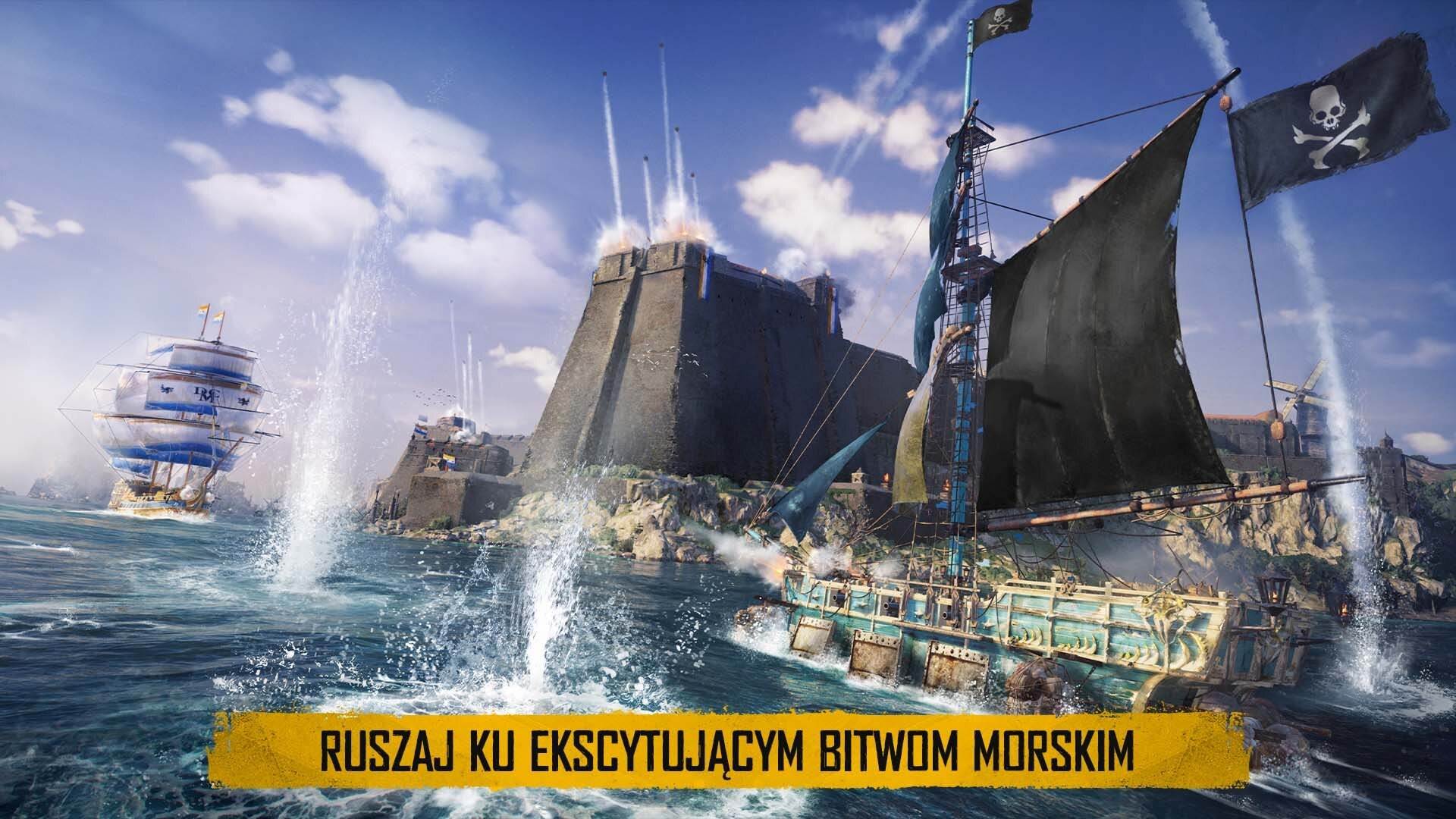 Statek piracki walczący z innymi statkami. Ogień z dział i eksplozje widoczne na morzu.