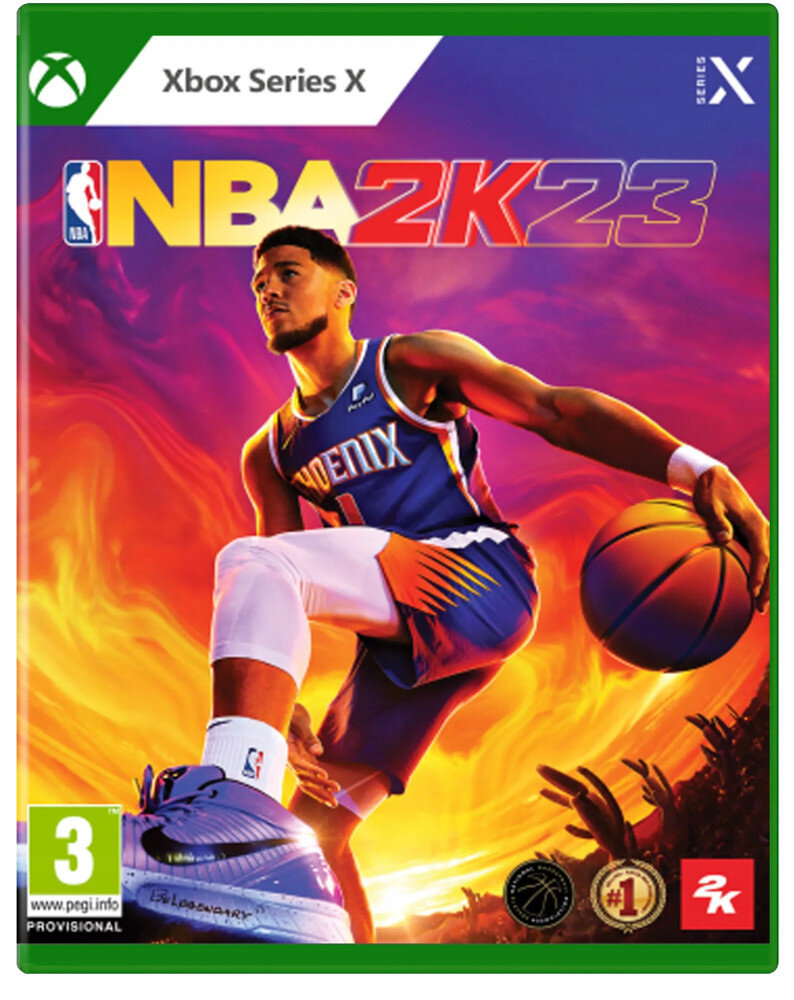 Okładka gry NBA 2K23. Koszykarz skaczący z piłką. Płonące tło.