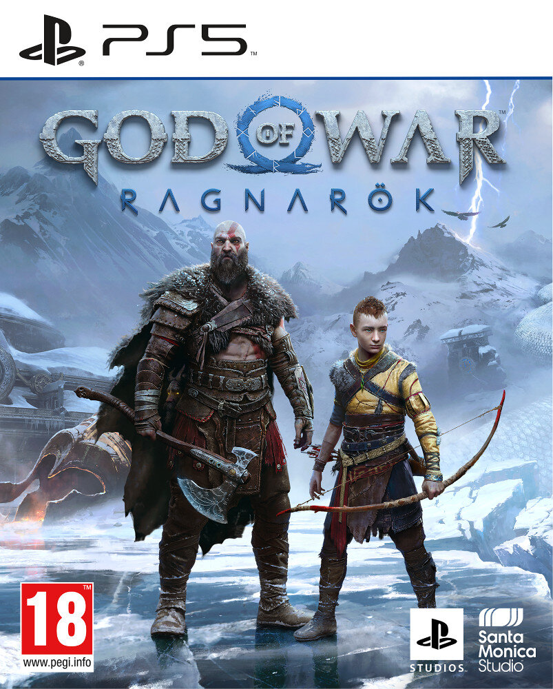 Okładka gry God of War Ragnarok. Kratos i Atreus z bronią. Tło to burzliwe niebo.