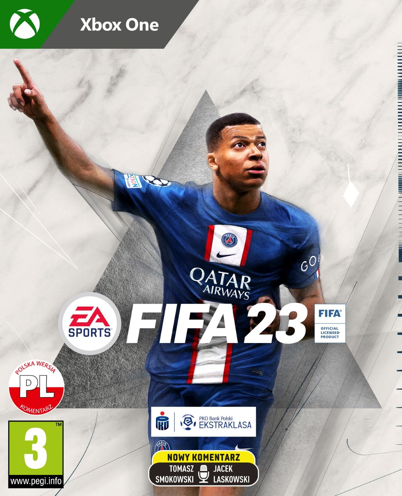 Okładka FIFA 23. Kylian Mbappé w niebieskiej koszulce, wskazuje w górę. Logo Xbox One u góry. Widoczne logo EA Sports i FIFA.