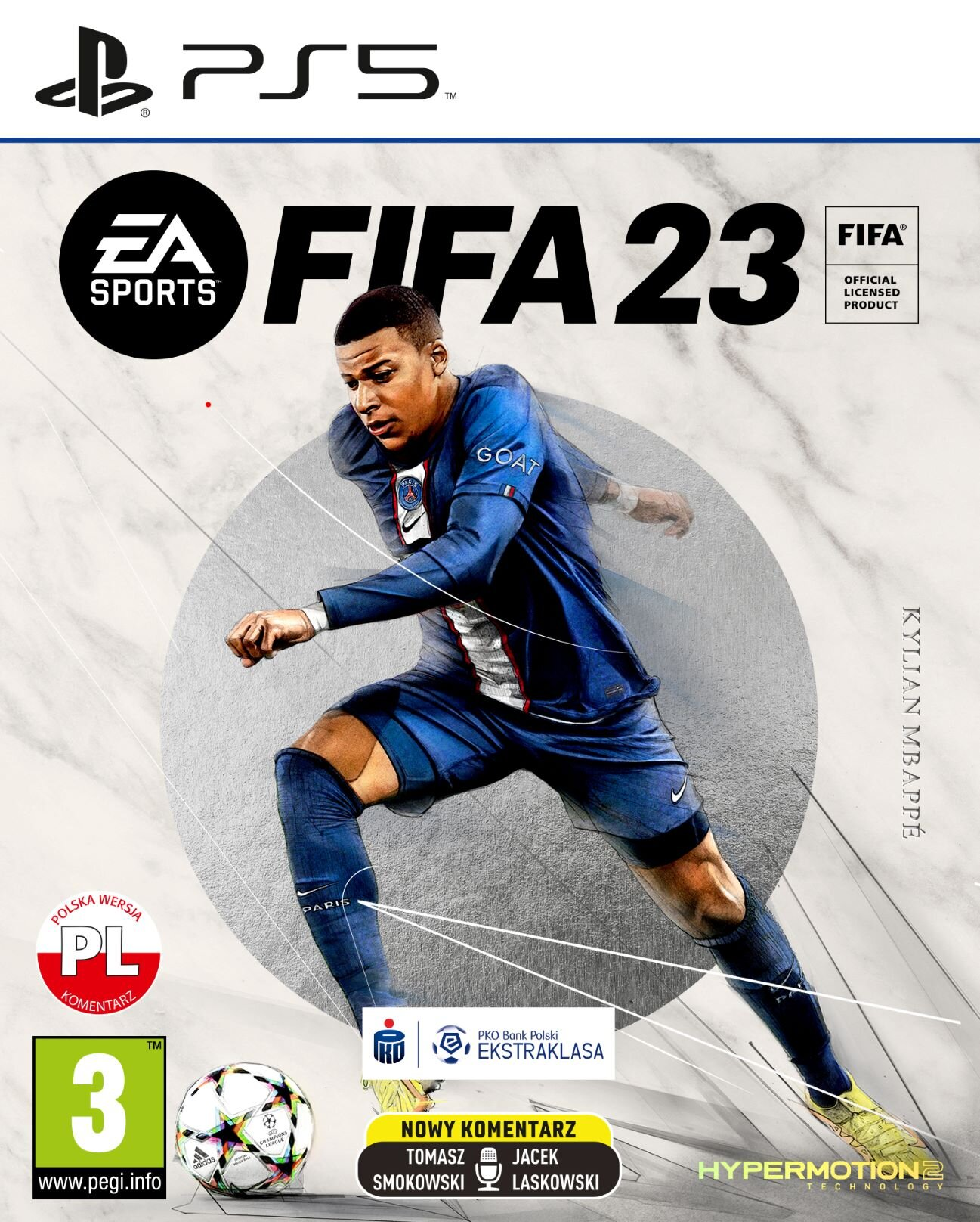 Okładka gry wideo FIFA 23 z Kylianem Mbappé w niebieskim stroju piłkarskim.