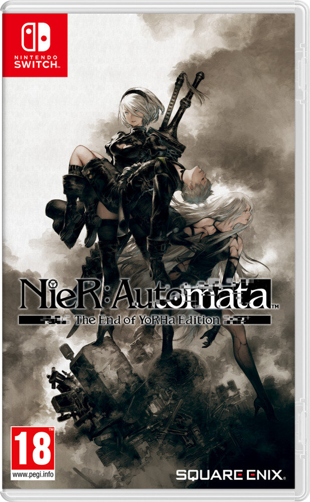 Okładka gry: Dwie postacie w ciemnych strojach. Tytuł: NieR:Automata The End of YoRHa Edition.