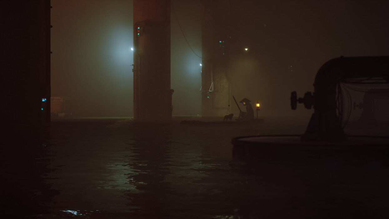 Mroczna, mglista scena z wodą, filarami i kotopodobnym robotem w wodzie.