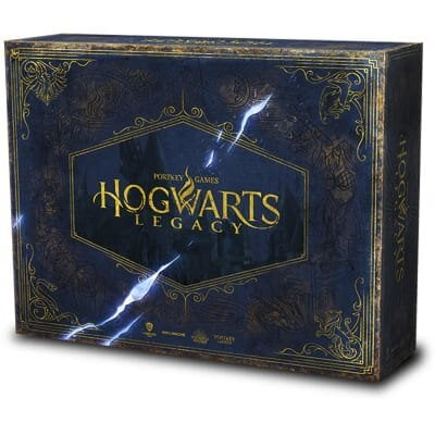 Zestaw Hogwarts Legacy. Ciemnoniebieskie pudełko ze złotymi akcentami, zdobionym wzorem i błyskawicami.