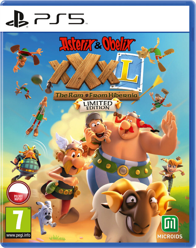 Pudełko gry Asterix & Obelix XXXL. Postacie z kreskówki, niebieskie tło i baran.