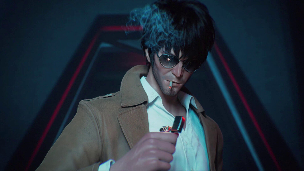 Mężczyzna w okularach przeciwsłonecznych zapala papierosa zapalniczką. Nosi płaszcz i sweter, pali.