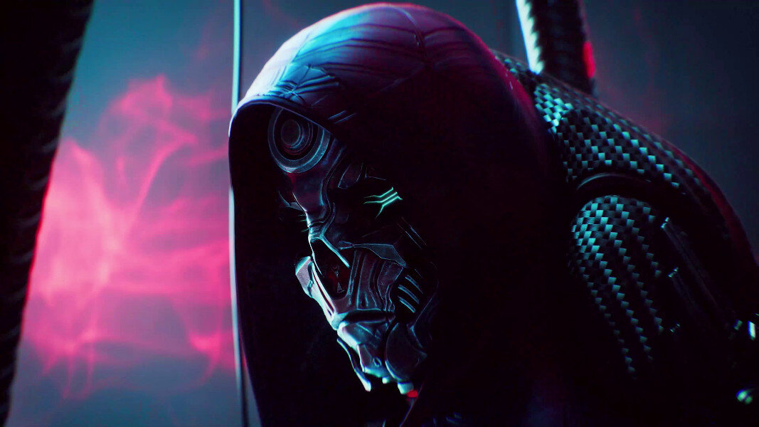 Futurystycznie wyglądający cyborg z czarną szatą z kapturem, neonowym czerwonym blaskiem.