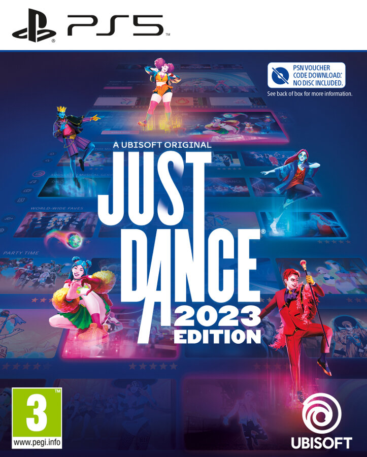 Okładka gry Just Dance 2023 Edition. Tancerze w ruchu, jasne kolory, logo PS5 i logo Ubisoft są widoczne.