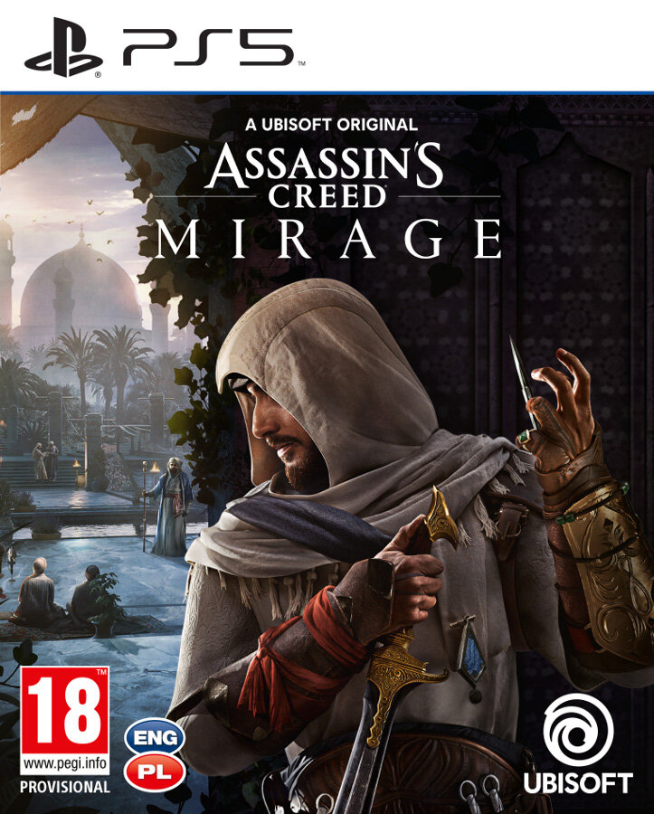 Okładka gry PS5: Mężczyzna w kapturze trzymający miecz. Tytuł: Assassin's Creed Mirage.