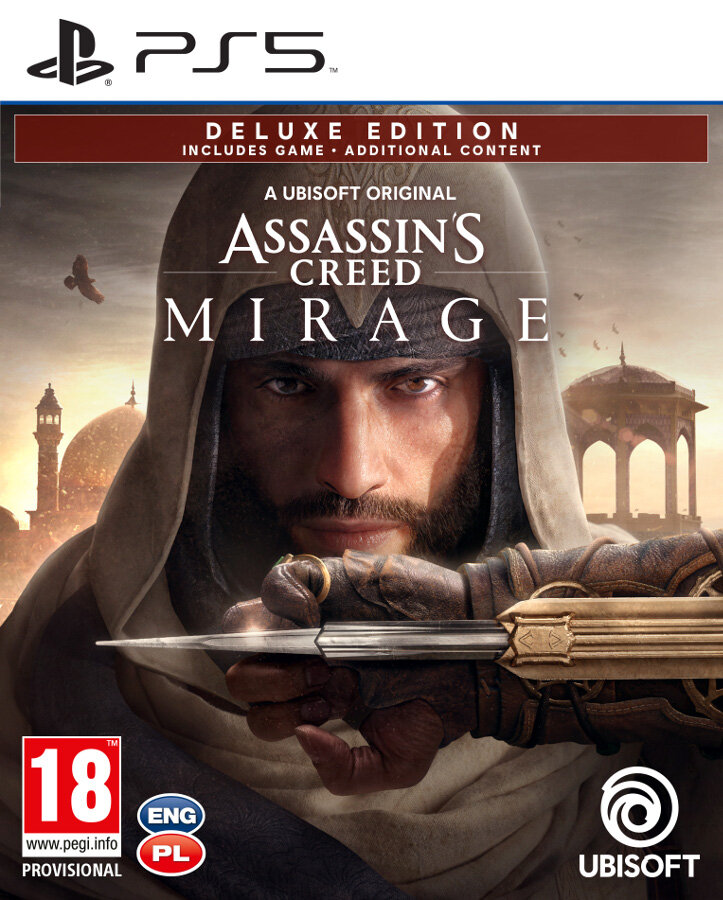 Okładka gry Assassin's Creed Mirage, mężczyzna w białym kapturze i sztyletem, z arabskimi elementami designu.