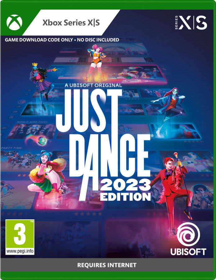 Okładka gry Just Dance 2023 Edition na Xbox Series X/S. Z tancerzami, kolorową grafiką i logo.