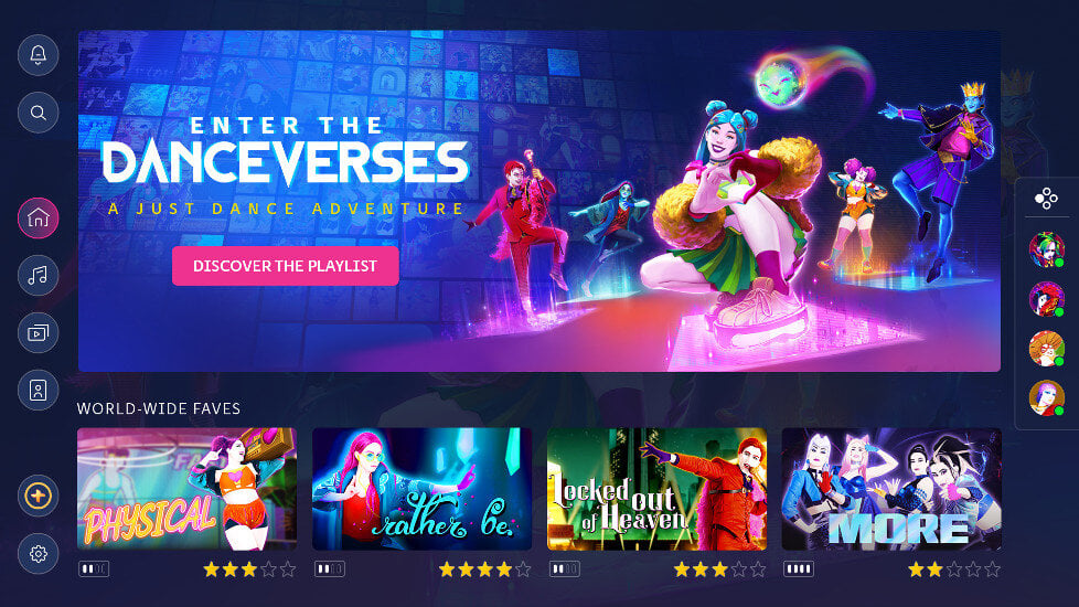Interfejs Just Dance. Kolorowe postacie tańczą na scenie. Widoczne opcje gry.