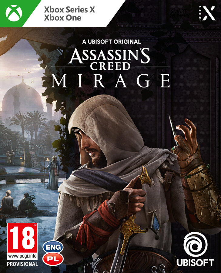 Okładka gry Assassin's Creed Mirage. Mężczyzna w kapturze trzyma nóż. Budynki i ludzie w tle. Logo Ubisoft.