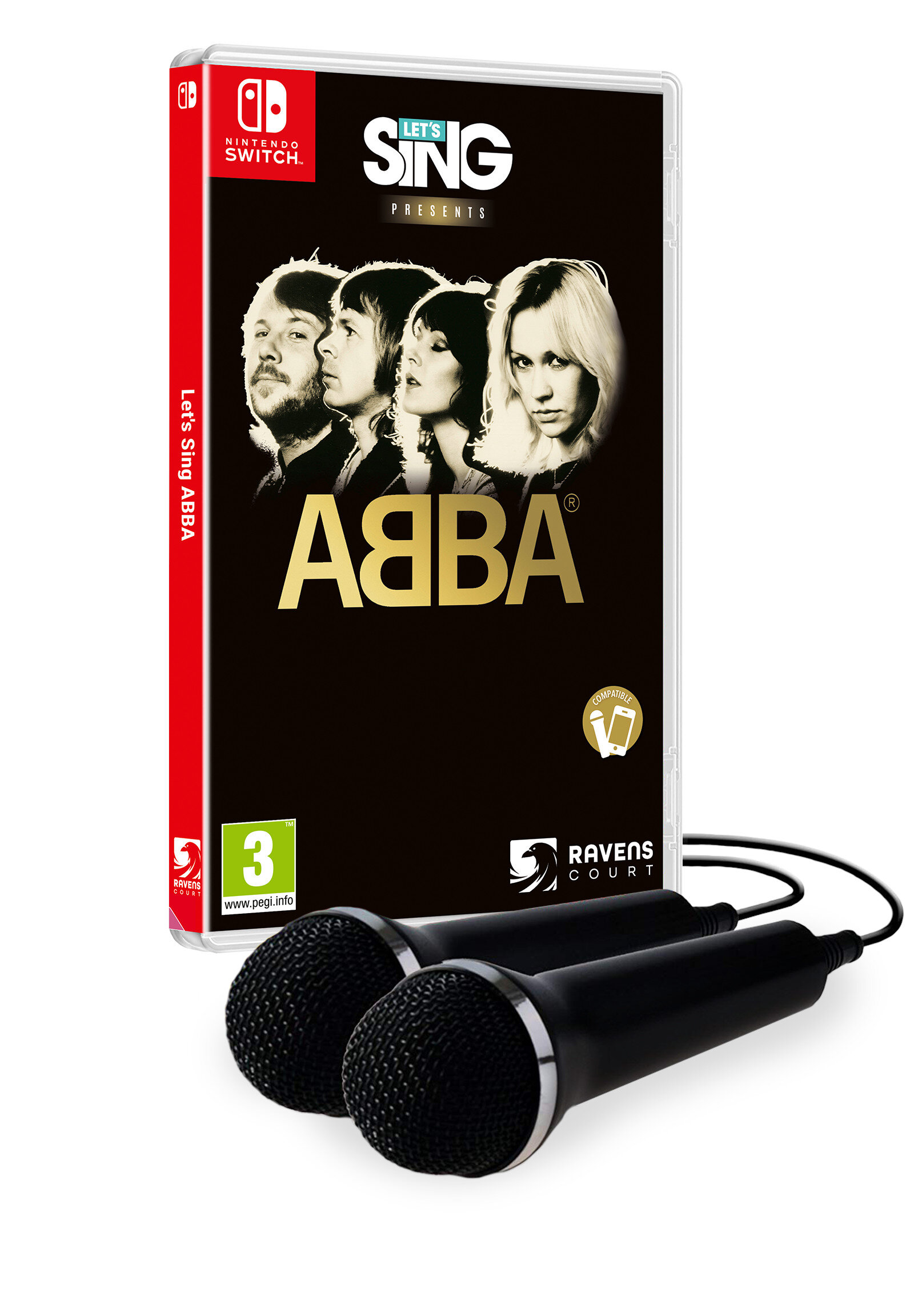 Gra Let's Sing ABBA na Nintendo Switch. Dwa mikrofony przed pudełkiem.