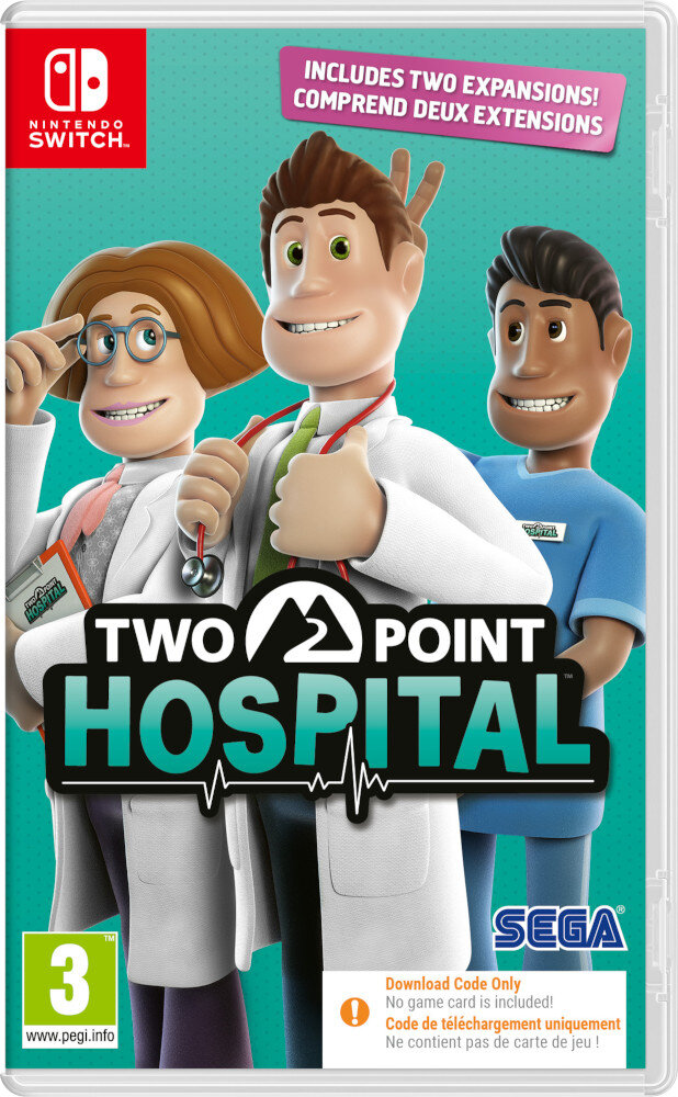 Okładka gry Two Point Hospital. Kreskówkowi lekarze i pacjenci. Tekst tytułu gry.