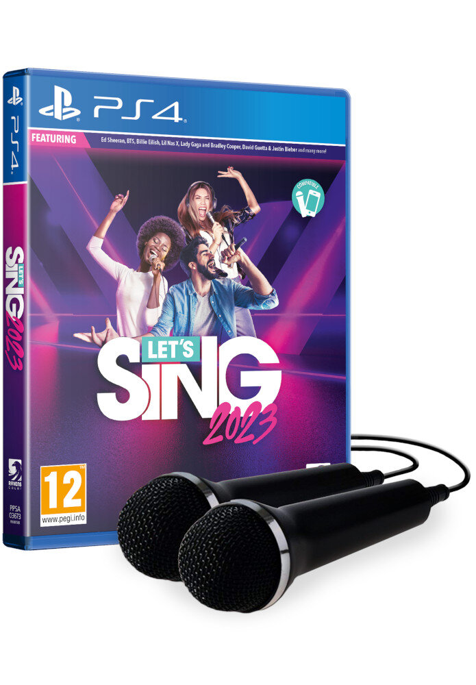 Etui do gry Let's Sing 2023 na PS4 i dwa czarne mikrofony. Okładka przedstawia ludzi śpiewających.