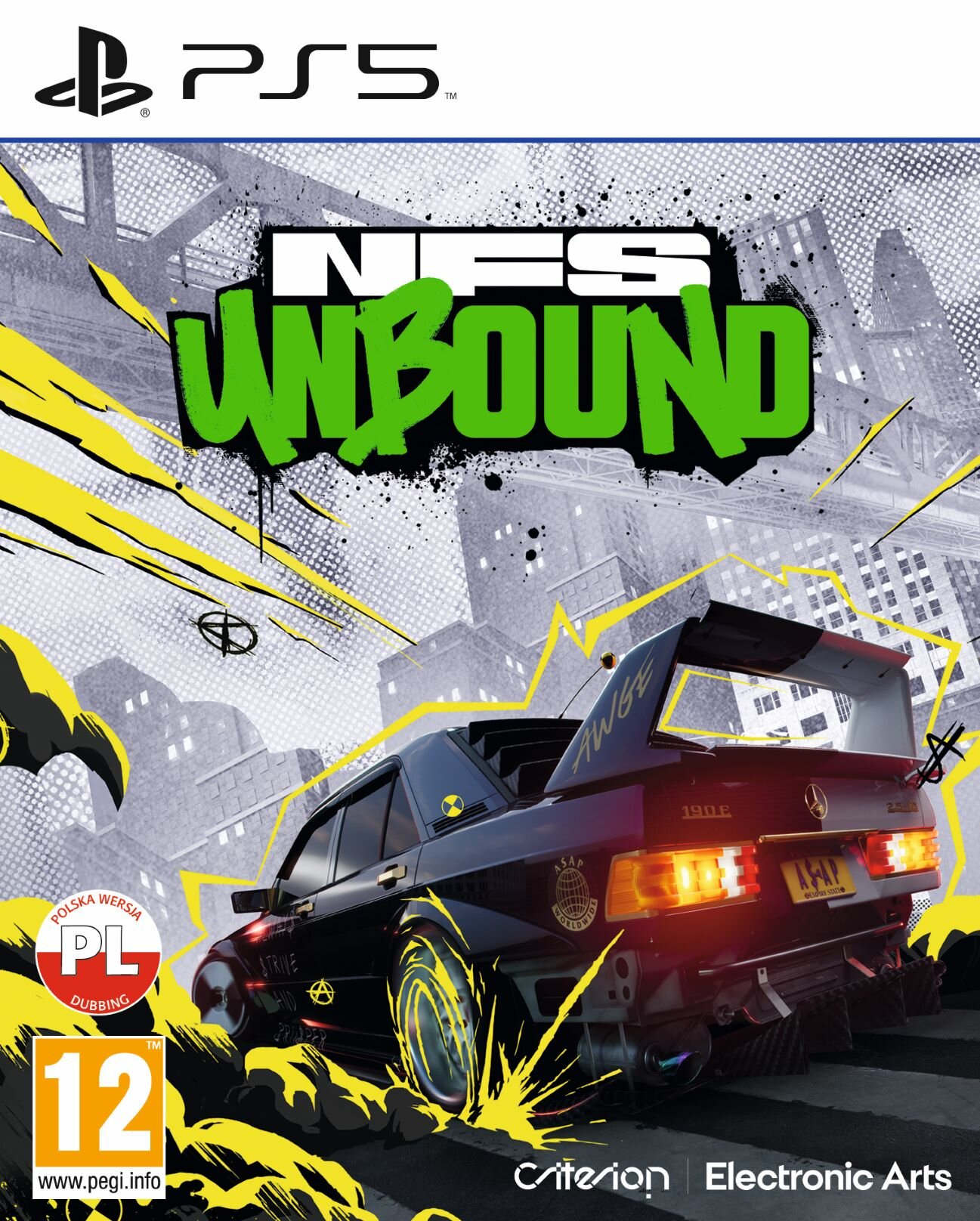 Okładka gry NFS Unbound na PS5 z samochodem i graffiti.