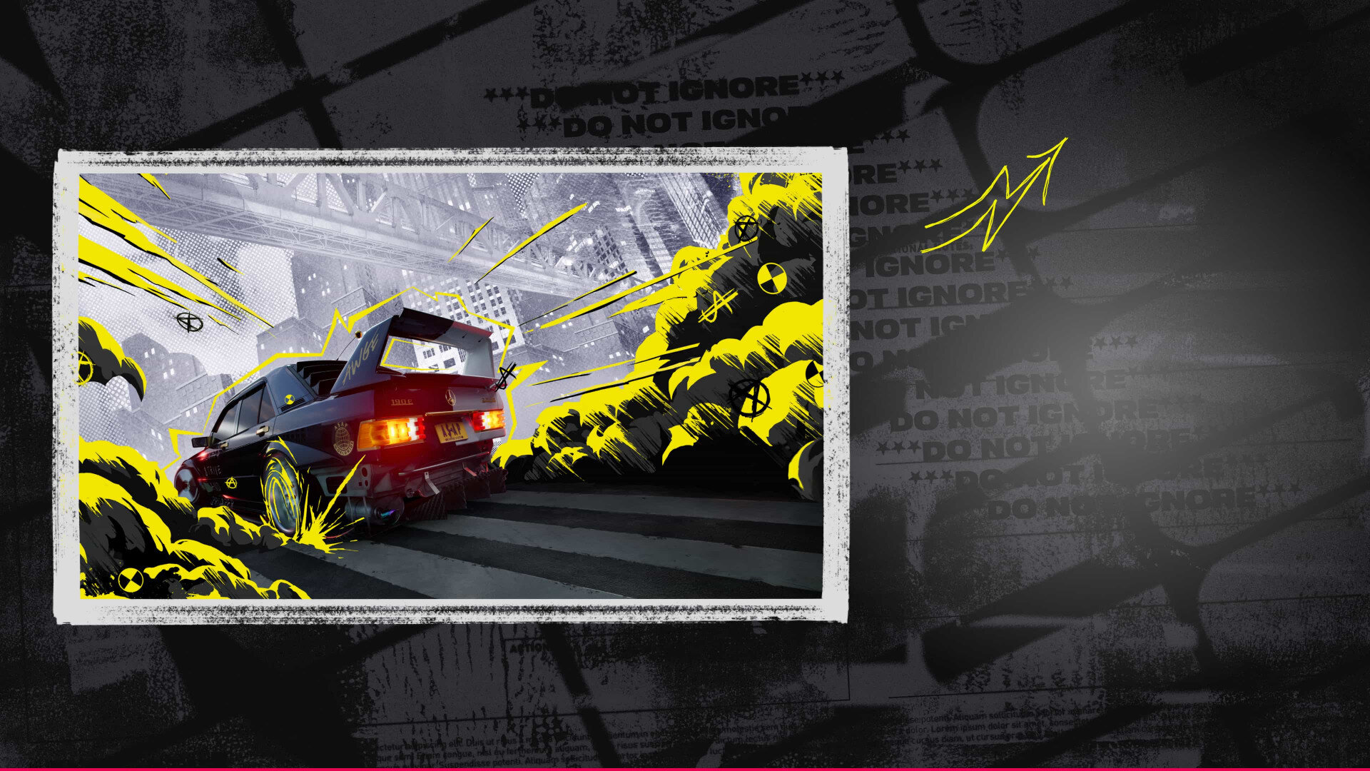 Samochód driftujący w miejskiej scenerii, z żółtą i białą grafiką i tekstem.