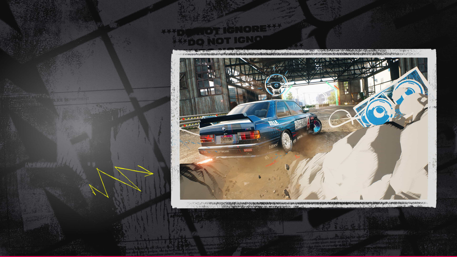 Obraz z gry wyścigowej z driftującym samochodem. Biały samochód ze sponsorami driftuje na torze.