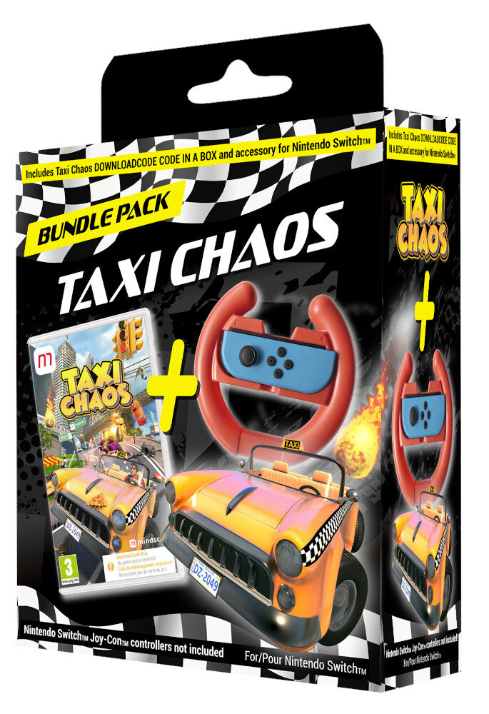Zestaw gry Taxi Chaos, pudełko z grą, kontroler kierownicy, czarne tło.