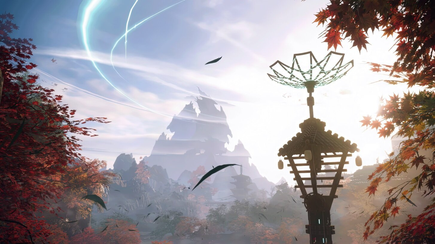 Malowniczy widok z górą, drzewami i wieżą o unikalnym designie.