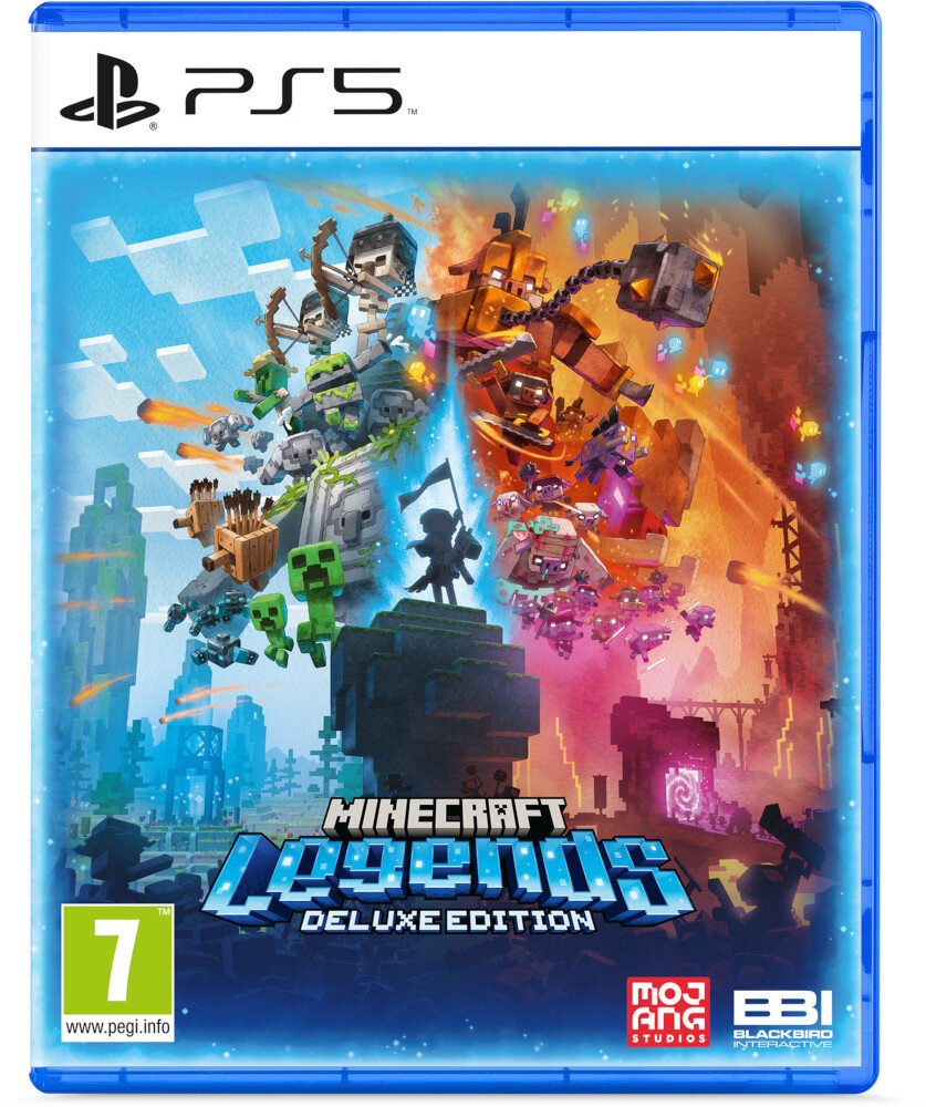 Okładka gry Minecraft Legends Deluxe Edition. Postacie walczą na podzielonej ziemi, niebieskie niebo.