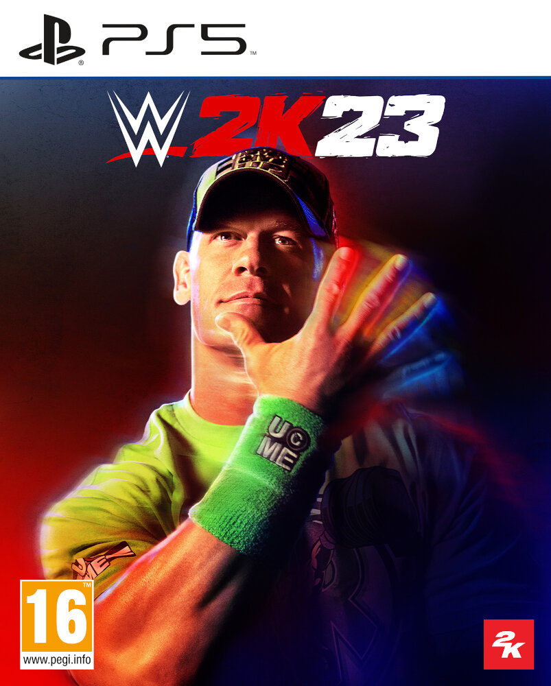 Okładka gry WWE 2K23. John Cena pośrodku, wskazujący dłonią.