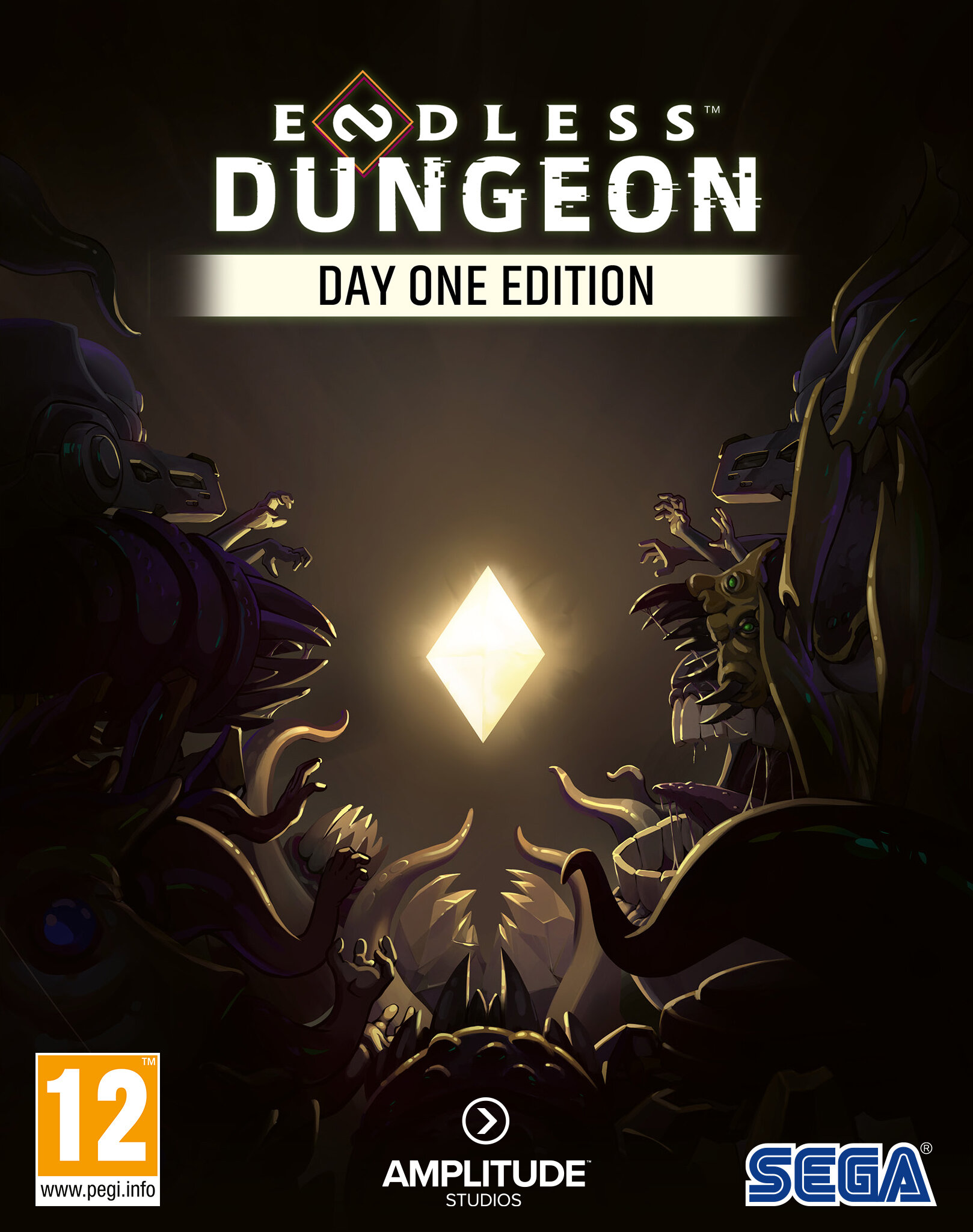 Okładka gry Endless Dungeon Day One Edition. Zawiera postacie i diament.