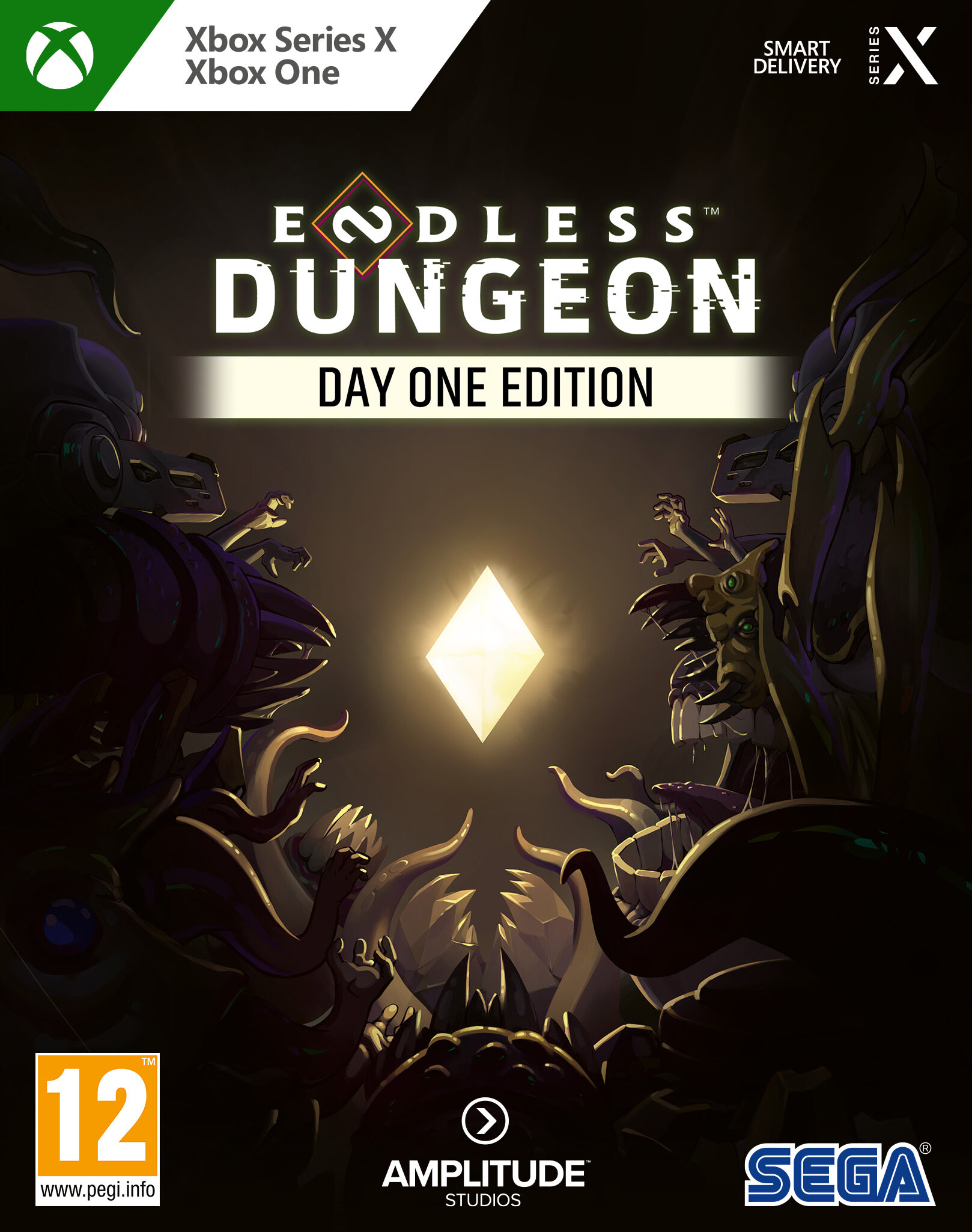 Okładka gry Endless Dungeon Day One Edition z diamentem i postaciami.