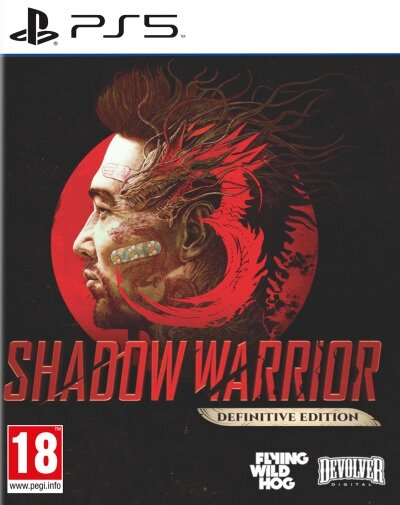 Pudełko z grą z twarzą mężczyzny. Tytuł: Shadow Warrior Definitive Edition. Logo PS5 w lewym górnym rogu.