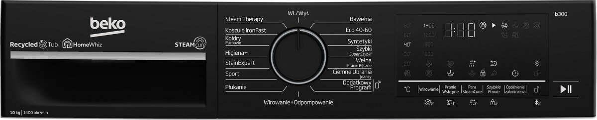 Czarny panel sterowania pralki z tekstem i przyciskami.