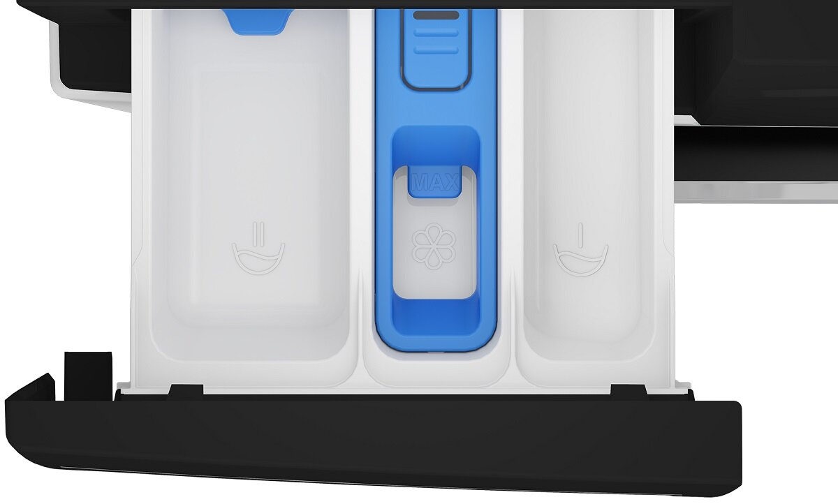 Szuflada na detergent pralki, trzy przegrody. Niebieska sekcja pośrodku.