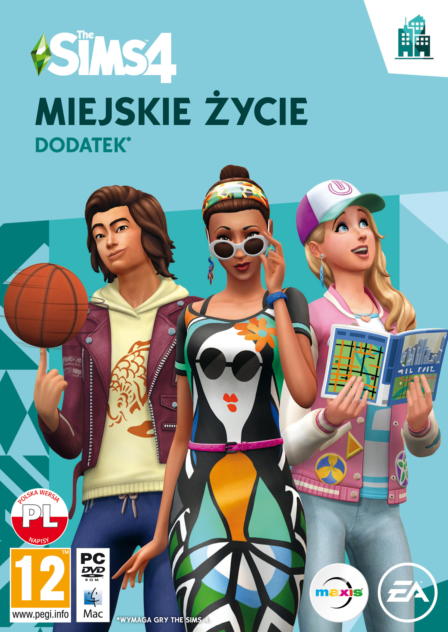 Okładka gry The Sims 4. Trzy osoby na okładce. Kobieta w okularach przeciwsłonecznych pośrodku.
