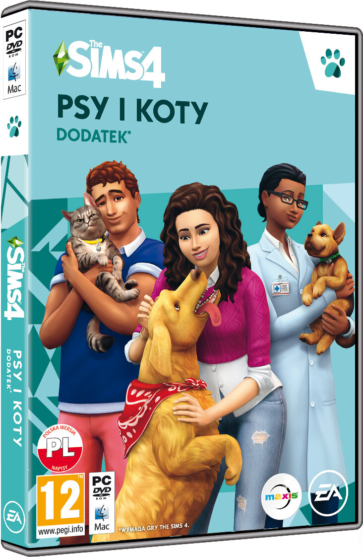 Okładka The Sims 4: Psy i Koty. Ludzie ze zwierzętami w stylu kreskówkowym. Pies i kot na pierwszym planie.