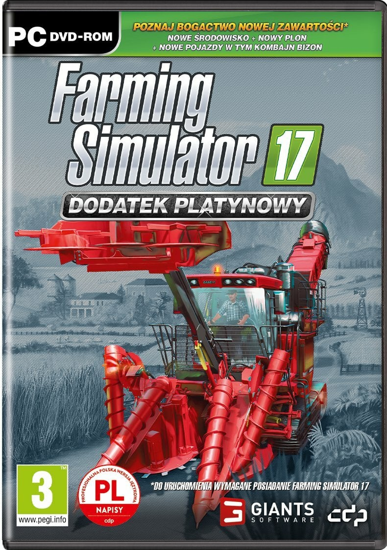Okładka gry: Farming Simulator 17, czerwony kombajn, traktor na polu i tytuł gry, z etykietą PC DVD-ROM.
