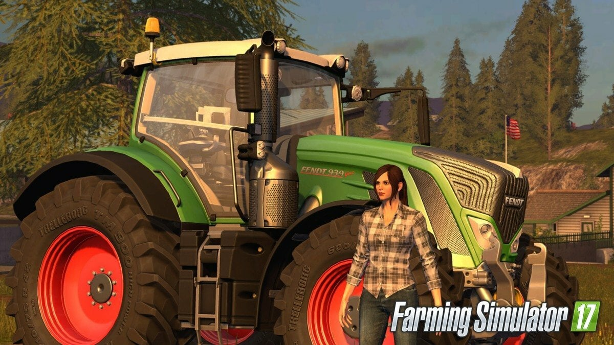 Scena z Farming Simulator 17. Kobieta stoi obok zielonego ciągnika Fendt na polu.