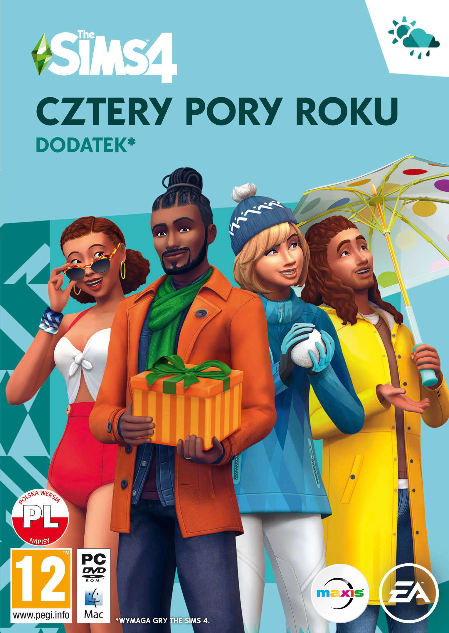 Okładka gry The Sims 4: cztery postacie, jedna z prezentem, w strojach sezonowych, słoneczne tło.