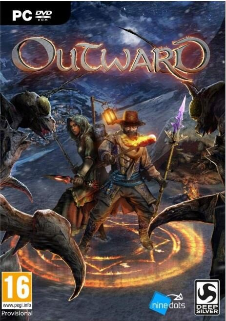 Okładka gry Outward. Dwie postacie z bronią stają naprzeciw gigantycznych stworzeń przypominających owady.