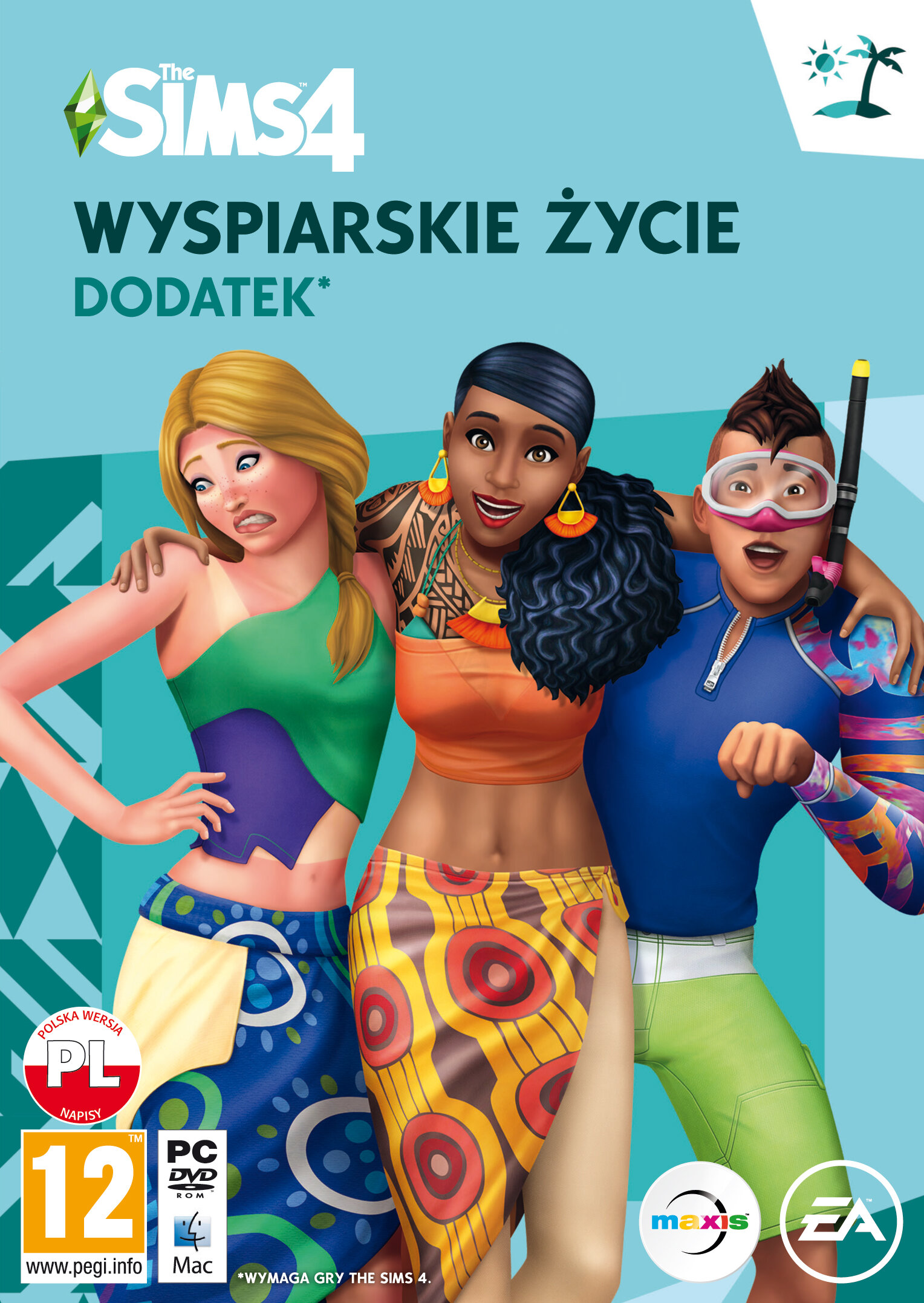 Okładka gry Sims 4. Trzy postacie, dwie kobiety i mężczyzna. Tropikalna sceneria, kolorowe stroje.