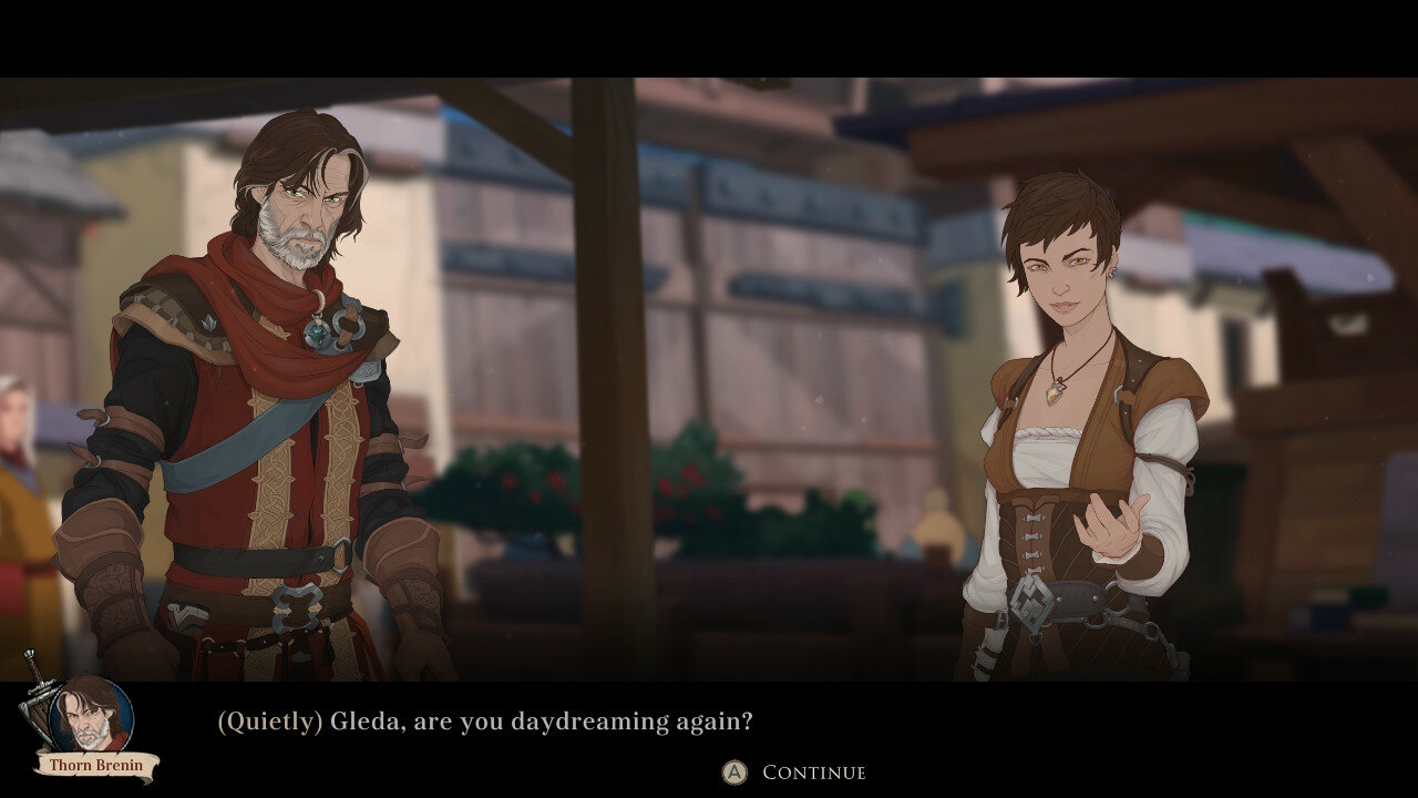 Dwie postacie w scenie z gry. Mężczyzna w czerwonym i złotym stroju, kobieta w brązowej kamizelce. Tekst: Gleda, znowu bujasz w obłokach?